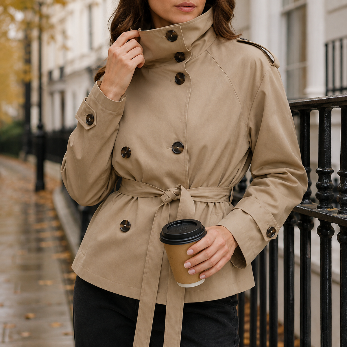 Close detail of the Khaki Chelsea trench jacket collar buttons and tie waist