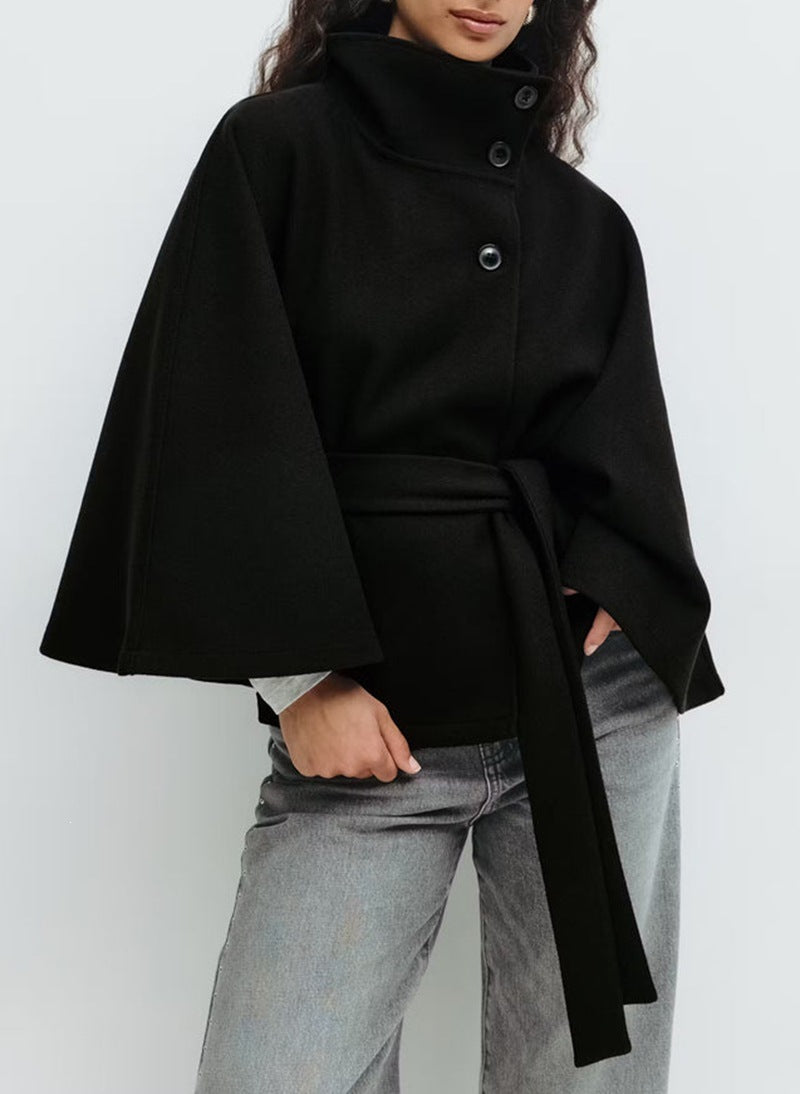 Elegant Cape Stand Collar Windbreaker Jacket