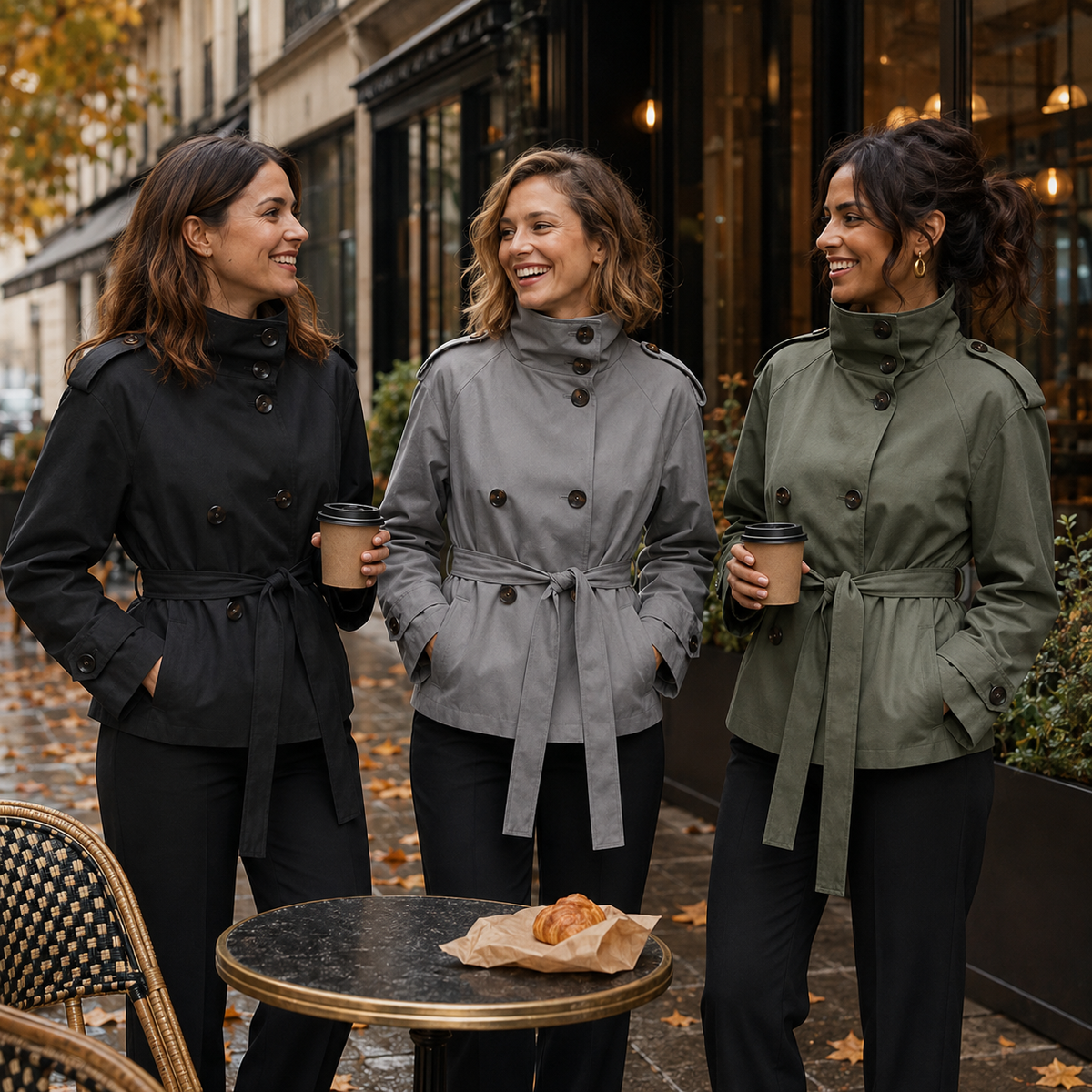 Friends wearing Black Grey and Green Chelsea trench jackets at a London café