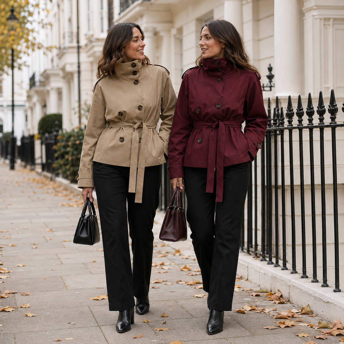 Friends wearing Khaki and Wine Red Chelsea trench jackets in London