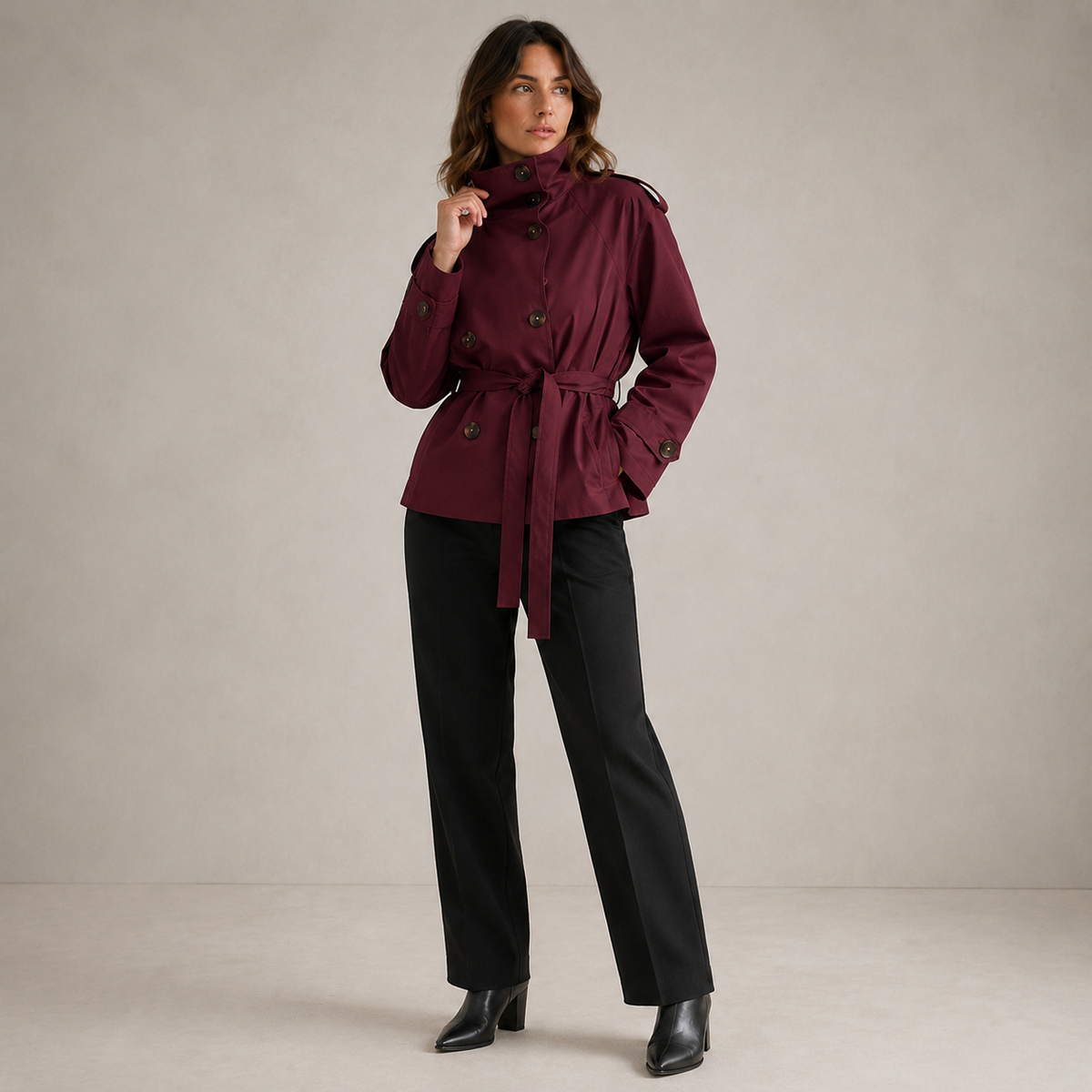 The Chelsea Tie-Waist Trench Jacket in Wine Red