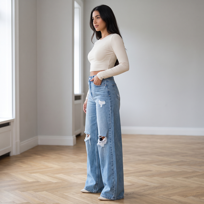 Wide-Leg Distressed Jeans