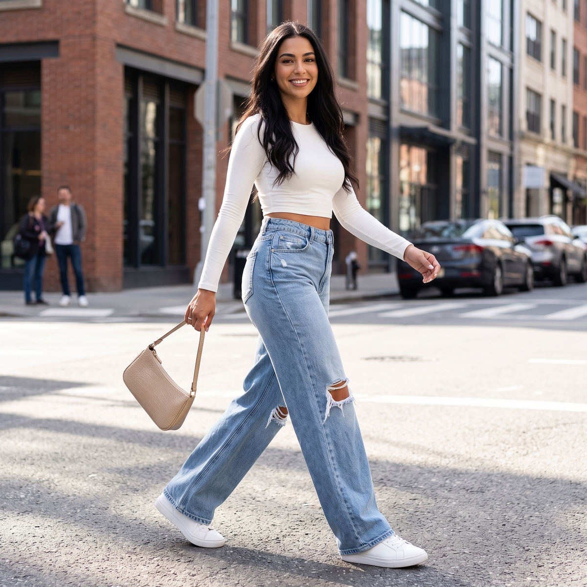 Wide-Leg Distressed Jeans