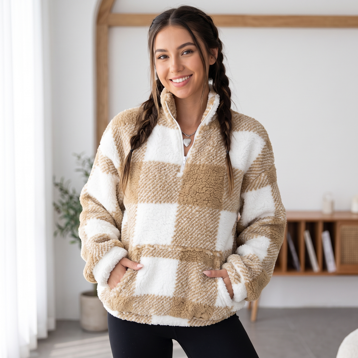 Plaid Sherpa Half-Zip Pullover