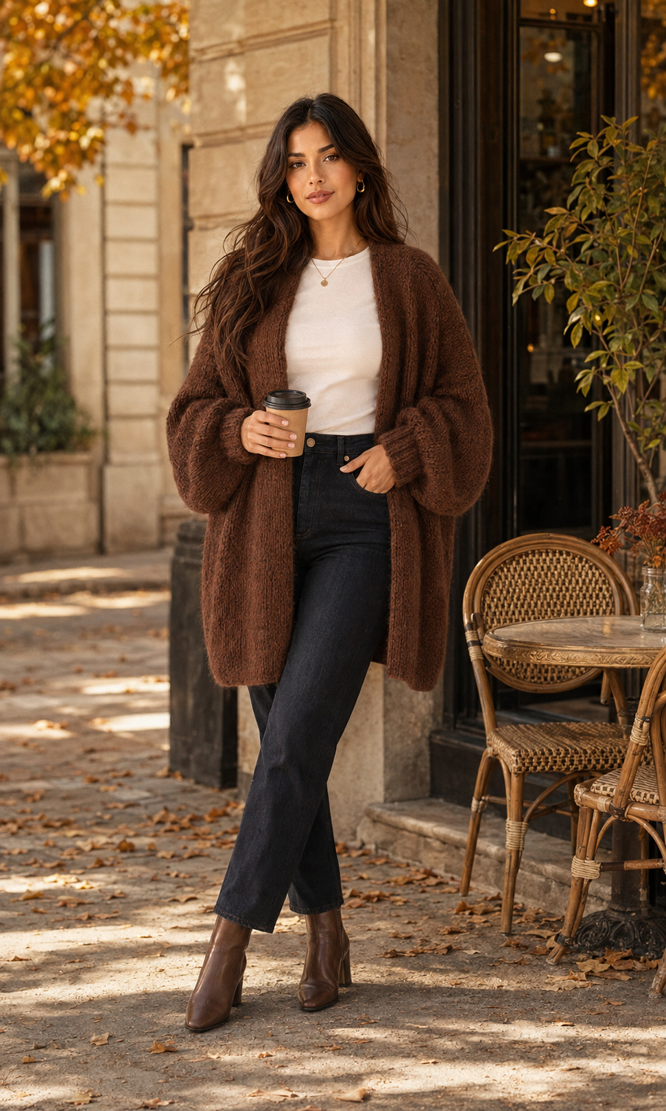 Woman styling the Sienne Cloud Cardigan in Coffee Brown at an autumn café