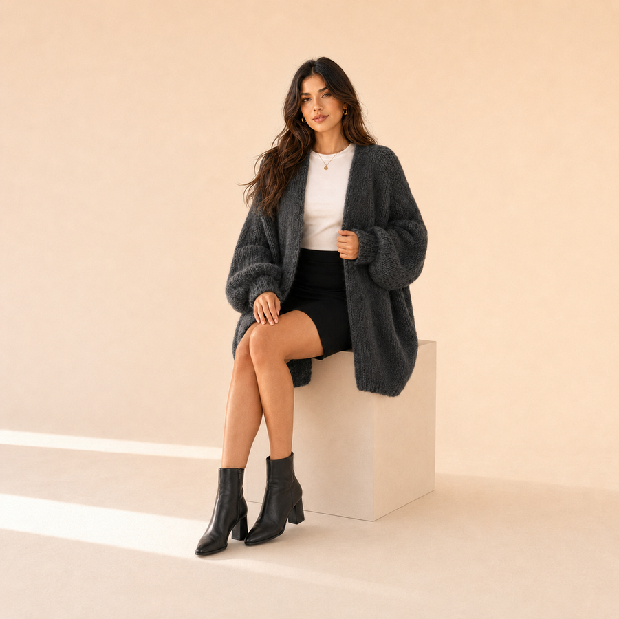 Woman modeling The Sienne Cloud Cardigan in Charcoal