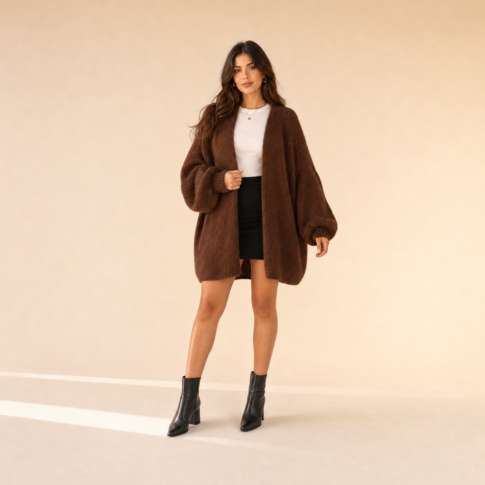 Woman modeling The Sienne Cloud Cardigan in Coffee Brown