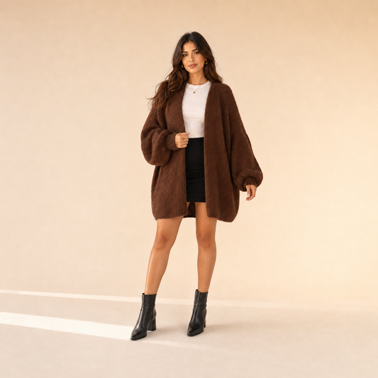 Woman modeling The Sienne Cloud Cardigan in Coffee Brown