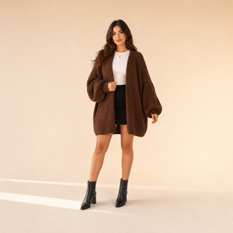 Woman modeling The Sienne Cloud Cardigan in Coffee Brown
