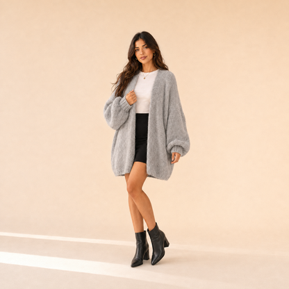 Woman modeling The Sienne Cloud Cardigan in Heather Gray