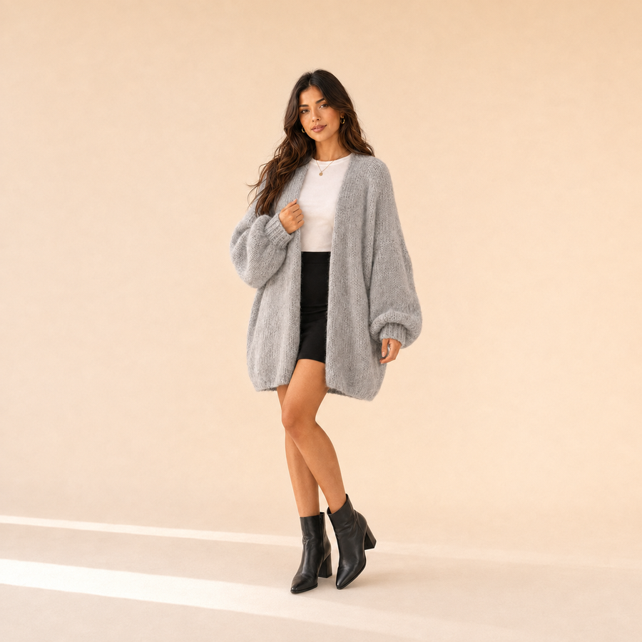 Woman modeling The Sienne Cloud Cardigan in Heather Gray