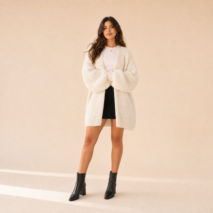 Woman modeling The Sienne Cloud Cardigan in Ivory
