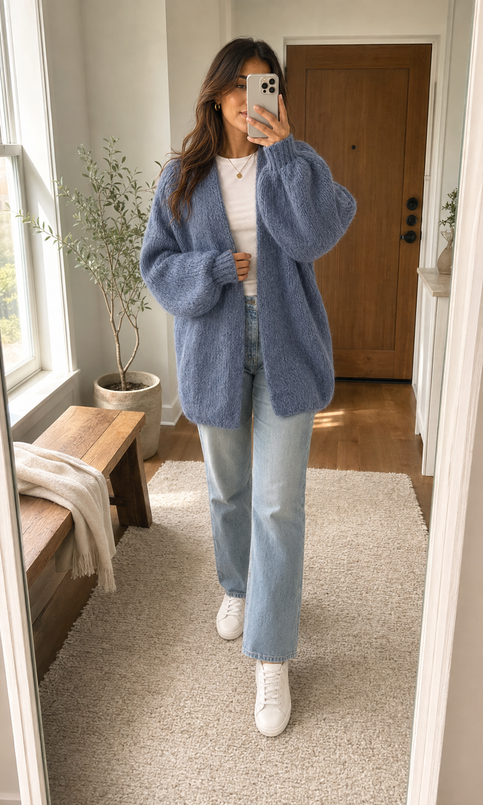 Casual mirror outfit featuring the Sienne Cloud Cardigan in Dusty Blue