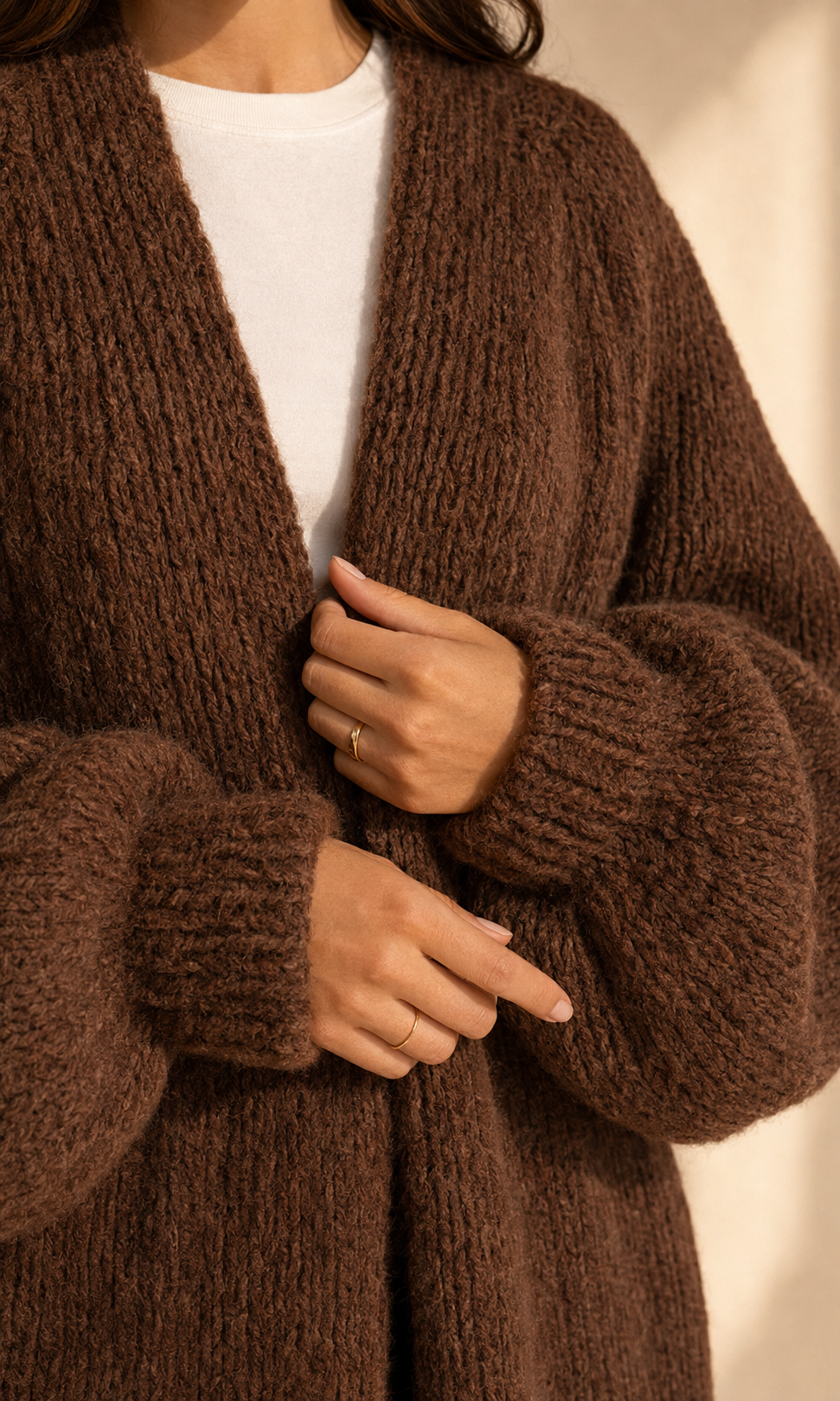 Close-up of the Coffee Brown Sienne Cloud Cardigan knit and balloon sleeves