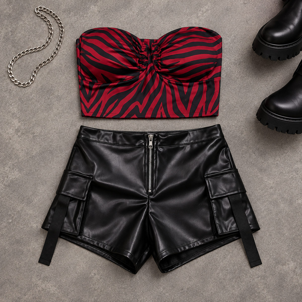 Nikki After Dark red zebra top and black faux leather cargo shorts set