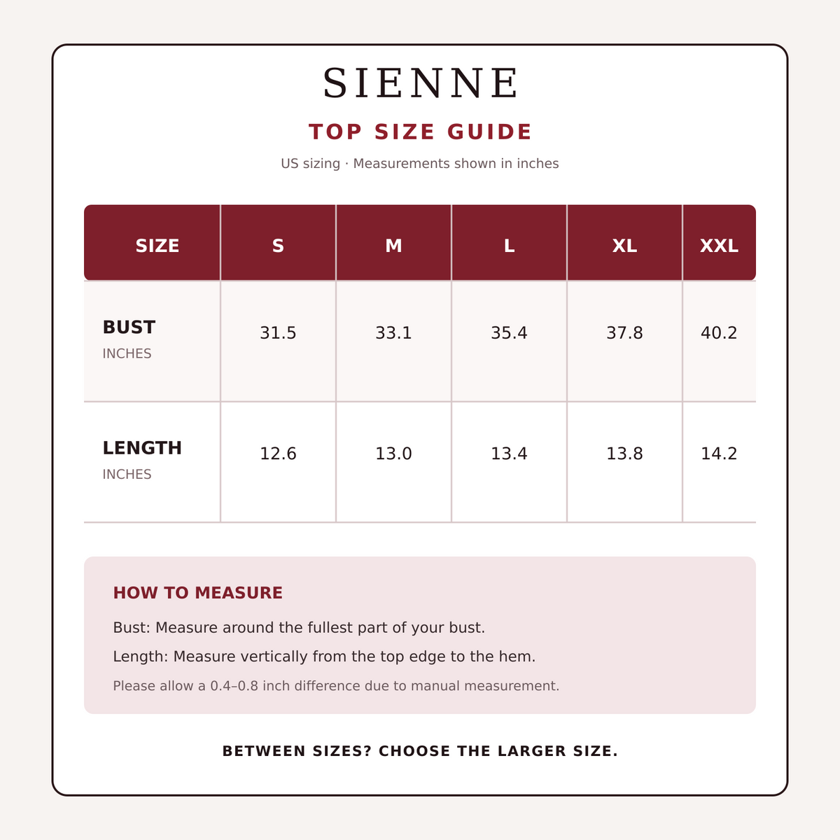 Sienne Nikki After Dark top size guide in US inches