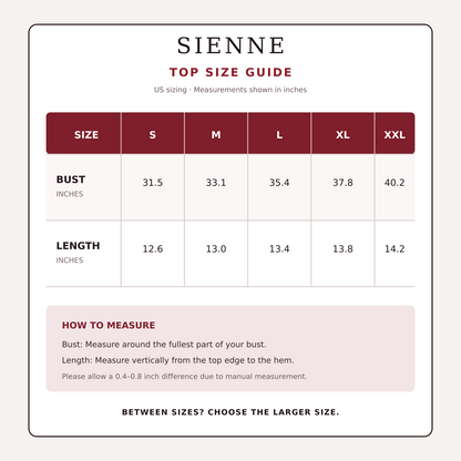 Sienne Nikki After Dark top size guide in US inches
