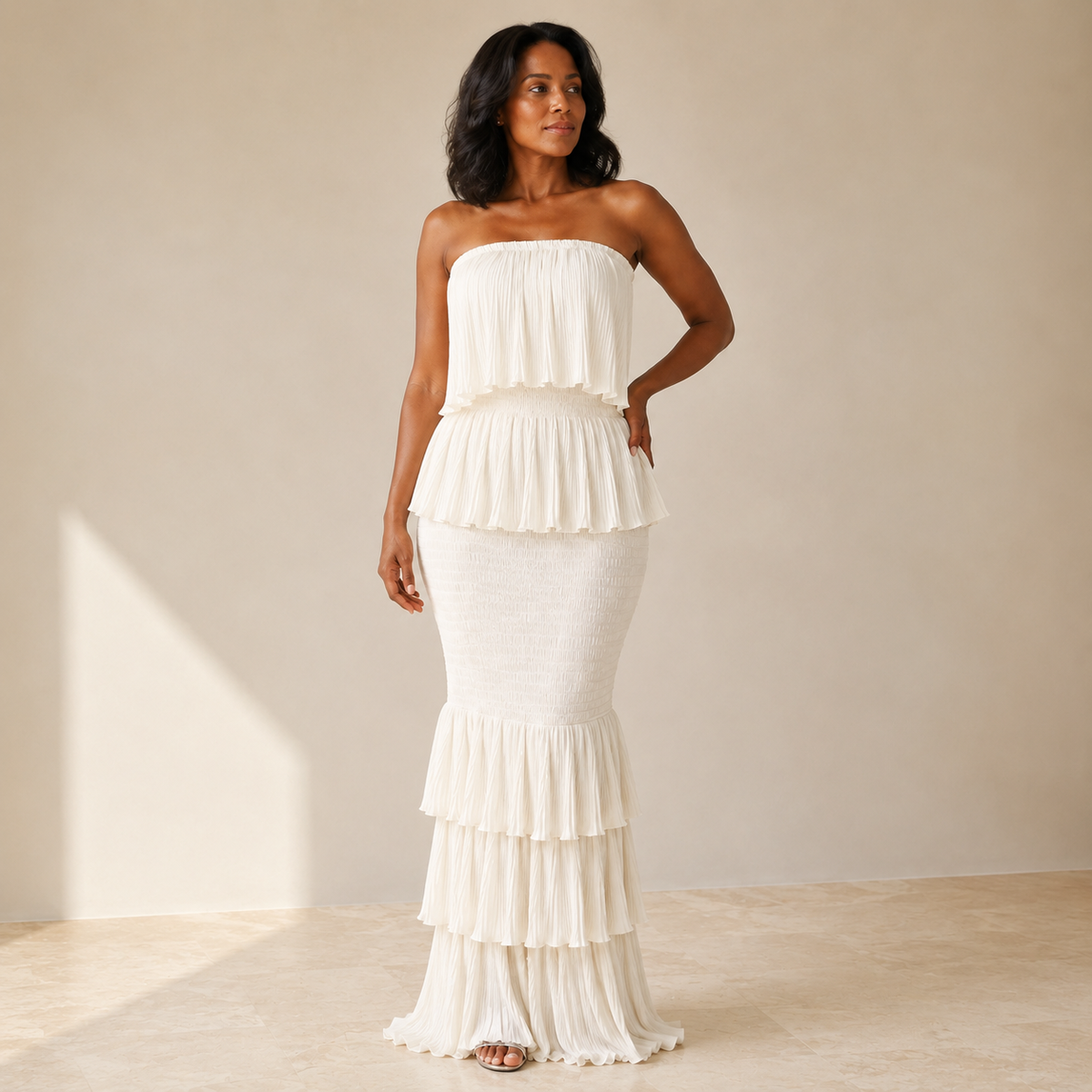 Rayna Ruffle Maxi Dress in creamy ivory