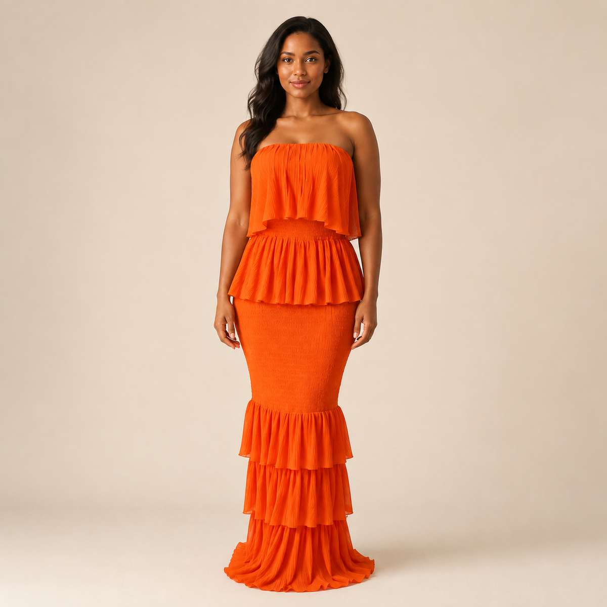 Rayna Ruffle Maxi Dress in orange - full front view