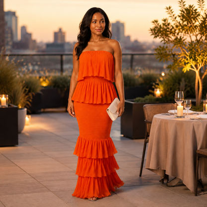 Orange Rayna Ruffle Maxi Dress at an elegant rooftop dinner