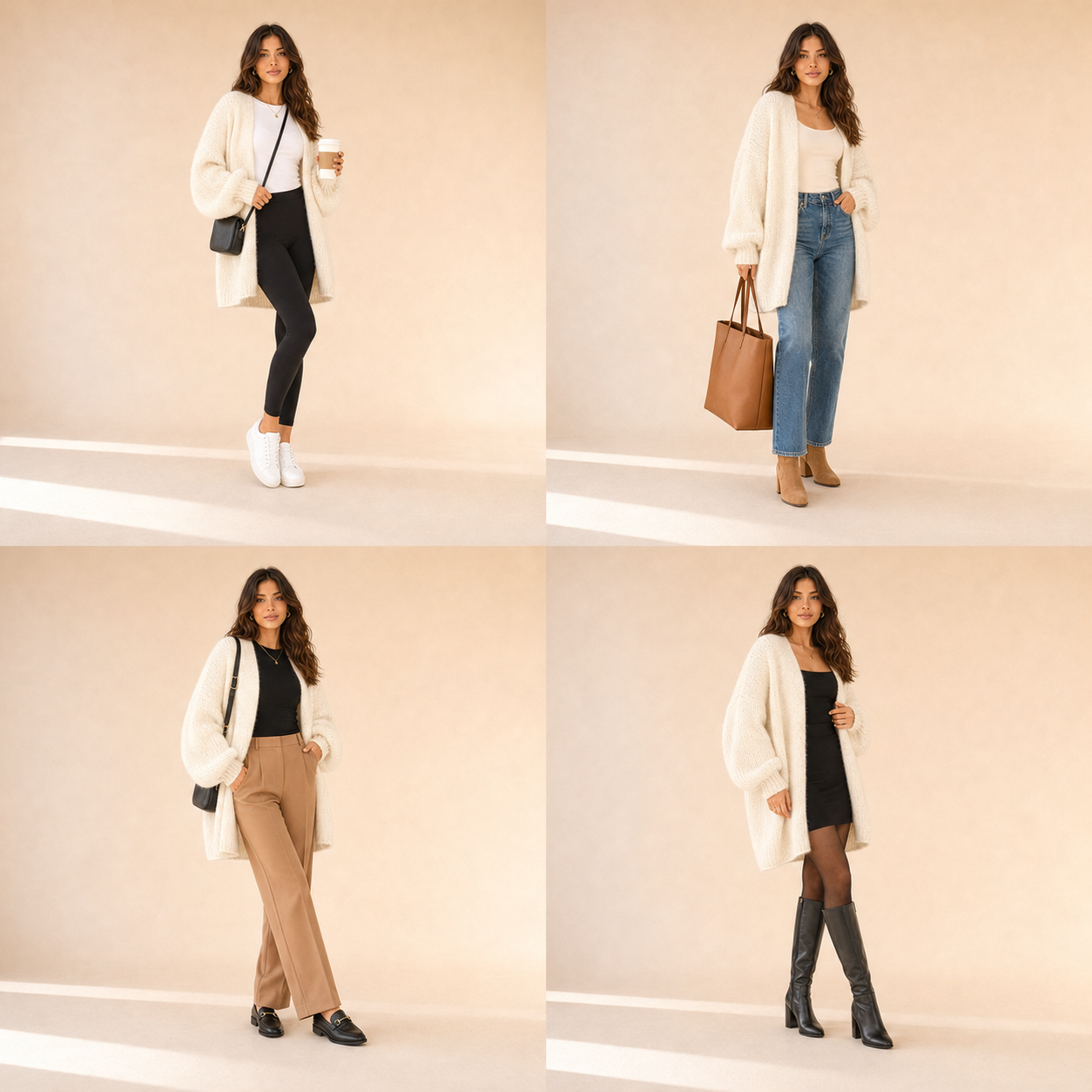 Four outfit ideas featuring the Ivory Sienne Cloud Cardigan